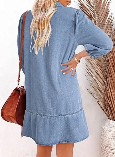 Women Fashion Fall Casual Babydoll 2025 V Neck 3/4 Puff Sleeve Jean Dresses