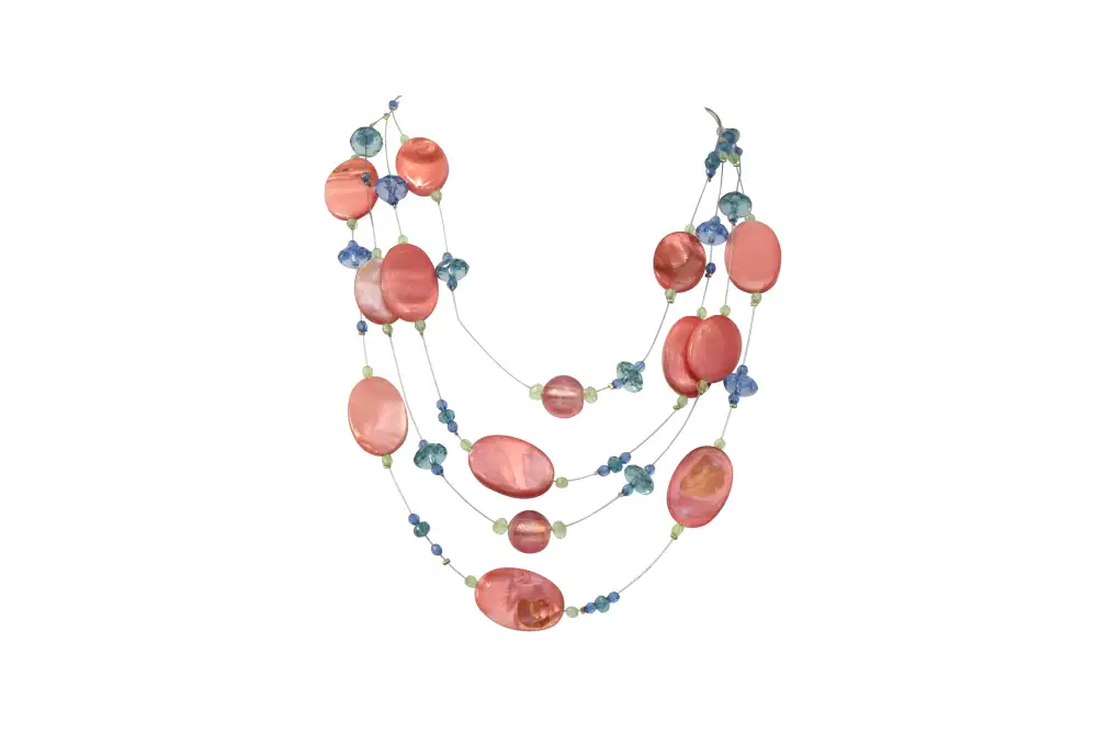 Pink Coral Stone Beaded Multi Strand Bib Necklace