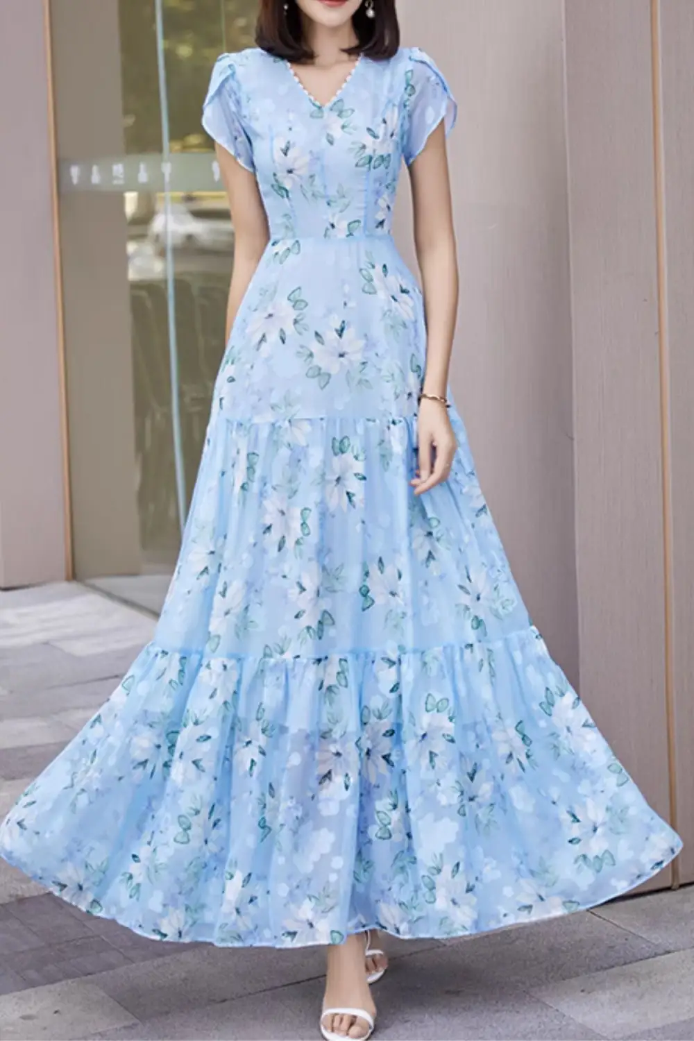 Modern Floral Chiffon Maxi Dress