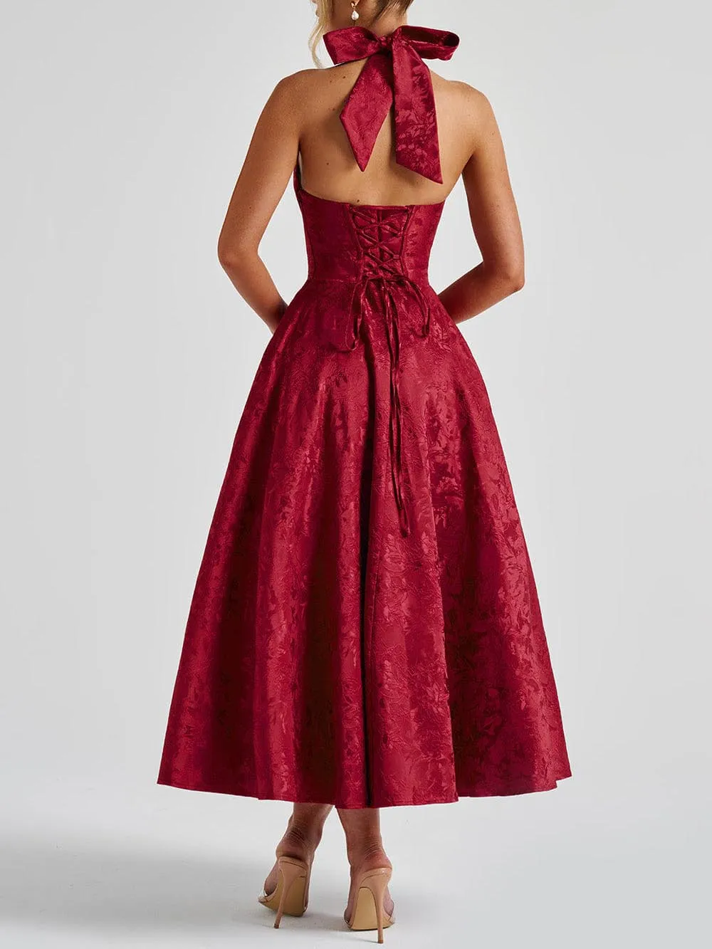 Vintage Elegant Jacquard V Neck Halter Midi Dress
