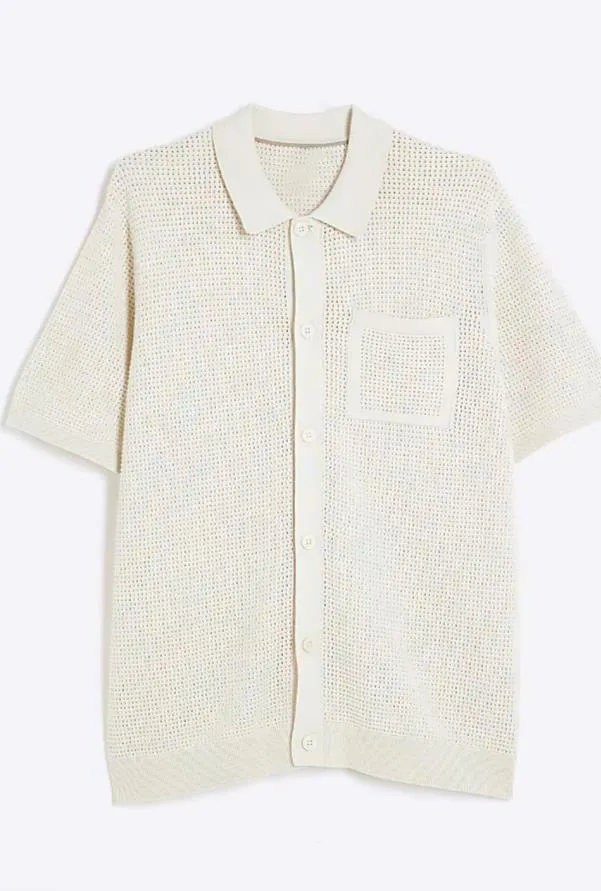 Men's Beige Lapel Short Sleeve Shirt