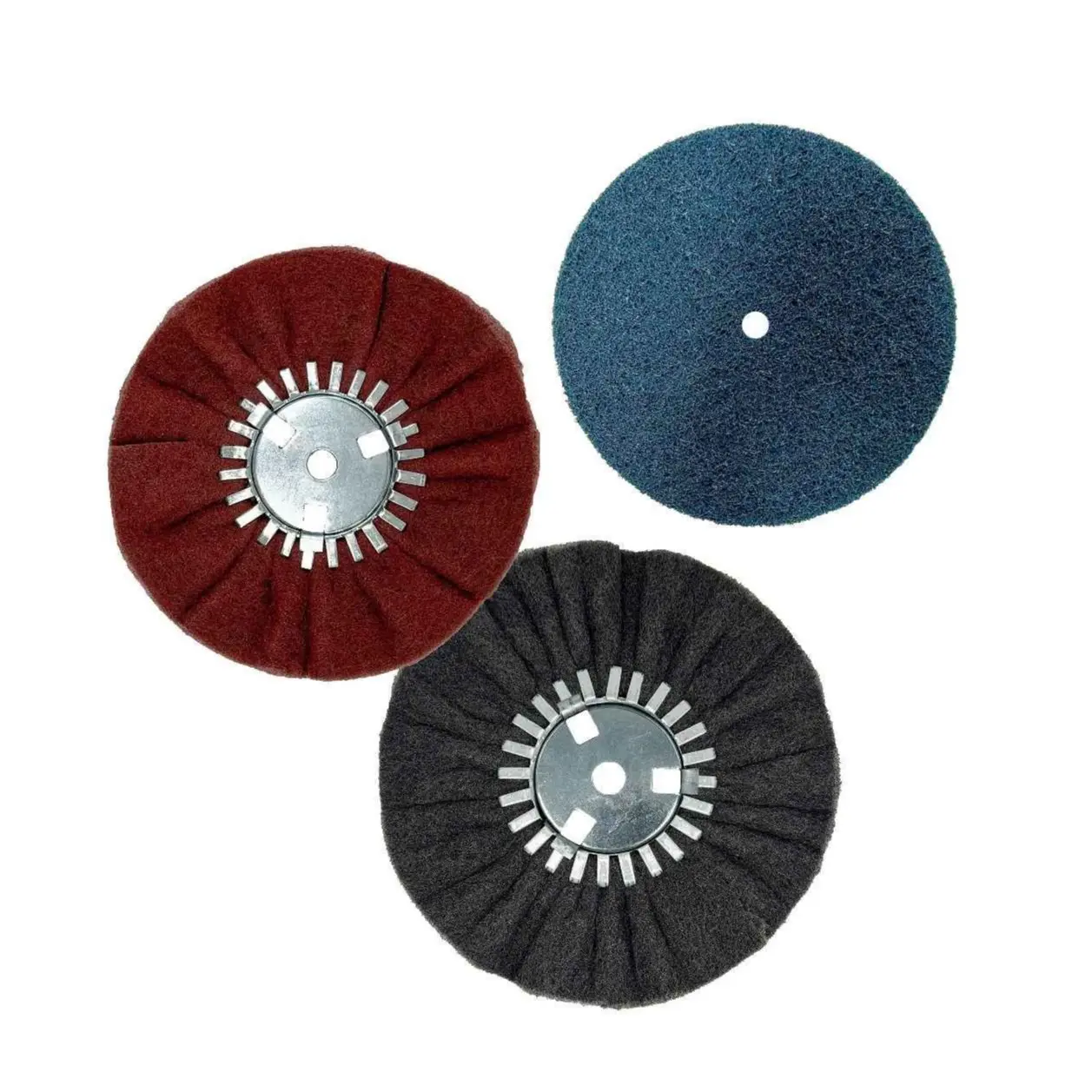 Three-piece surface preparation bundle: one maroon wheel, one black wheel and one blue preparation disc