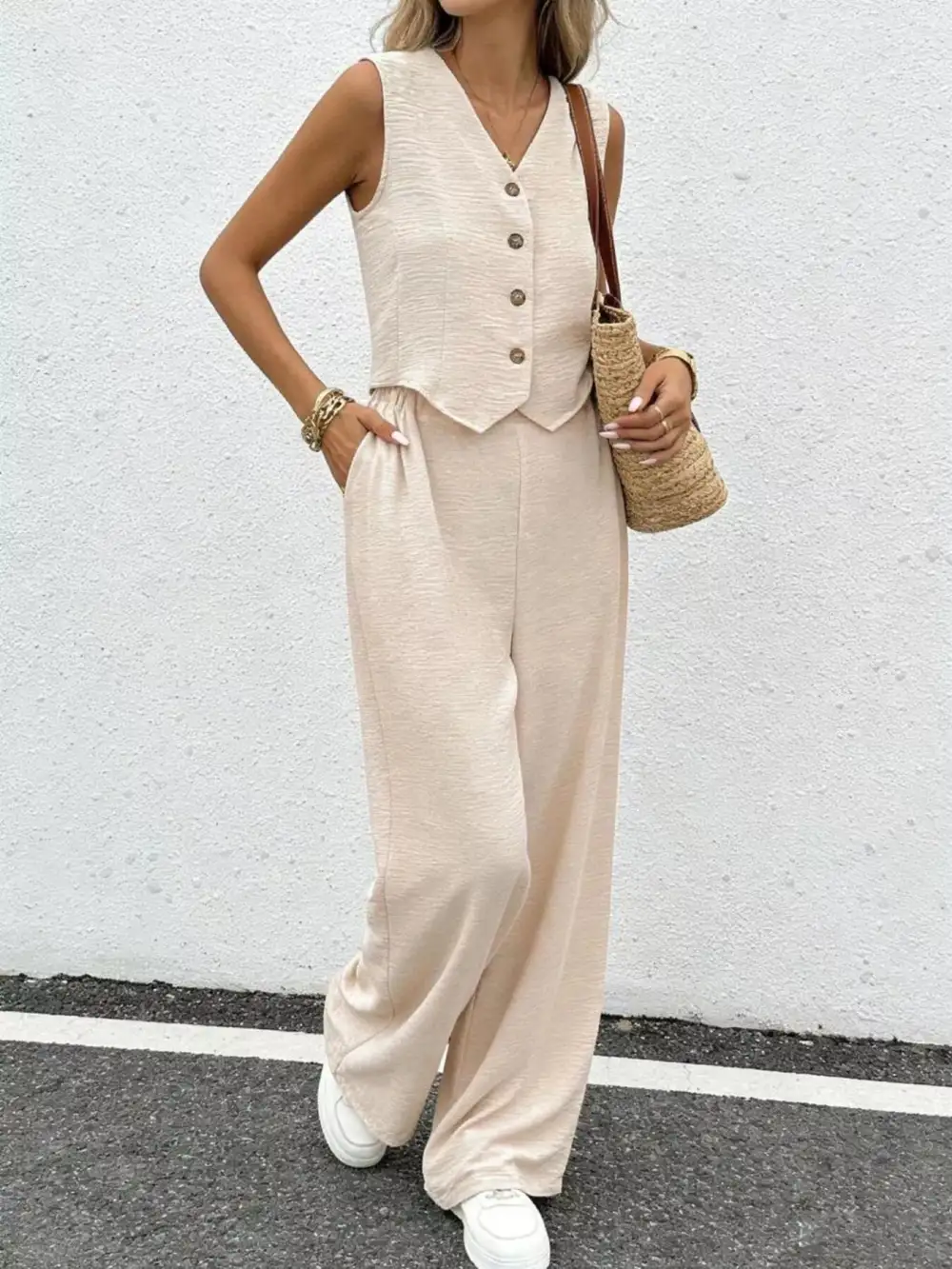 Button Up Vest and Wide Leg Pants Set