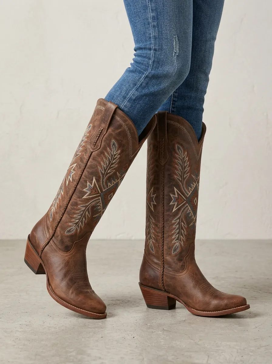 Women's Western Leaf Geometric Embroidered Braided Block-Heel Stacked-Heel Denim Over-the-Knee Boots
