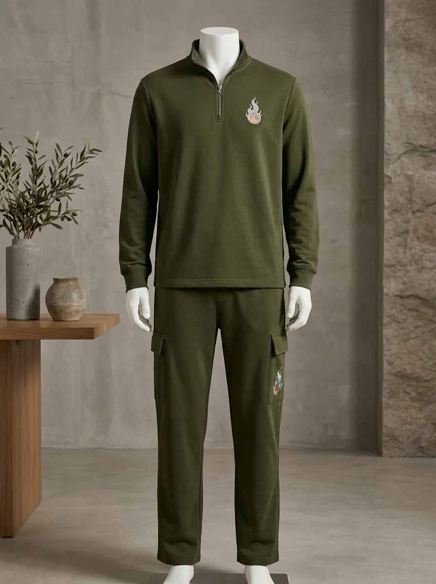 Men's Flame Embroidered Quarter-Zip-Pullover & Cargo-Joggers Two-Piece Set