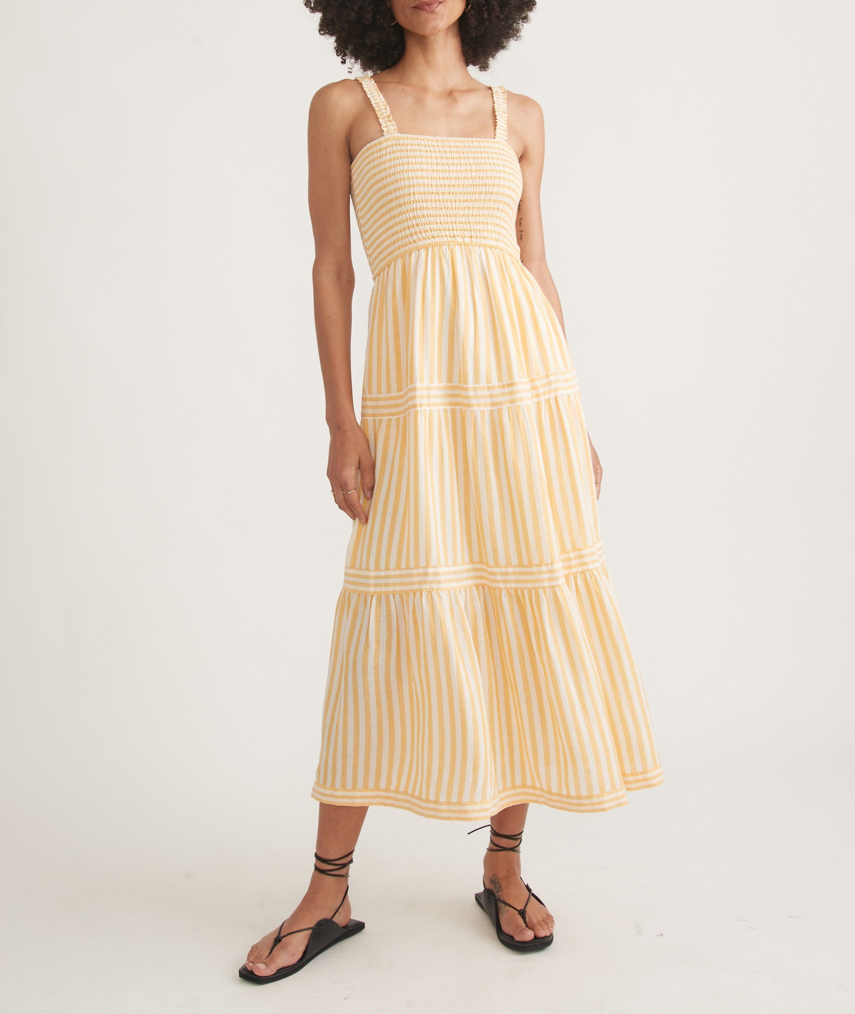 Yellow Striped Tiered Midi Dress