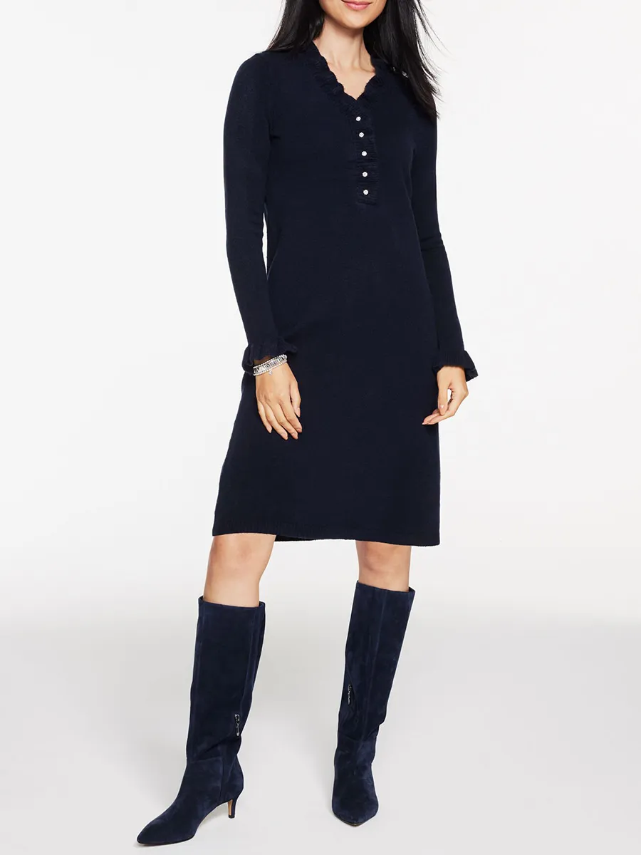 Women'S Indigo Pearl-Button Ruffle Dress