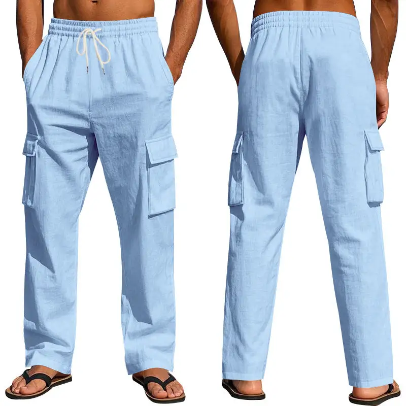 Men's Loose Linen Cargo Pants Waistband Pockets