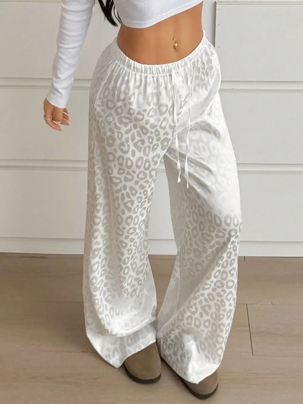 Wide Leg Leopard Print Drawstring Casual Pants
