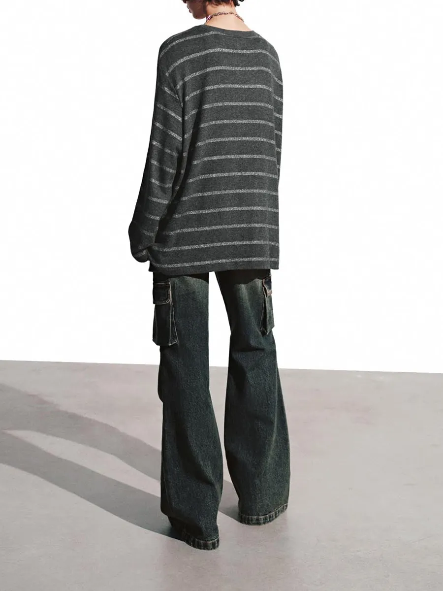 A Loose Round-Neck Casual T-Shirt With Rabbit Print Stripes For Ladies