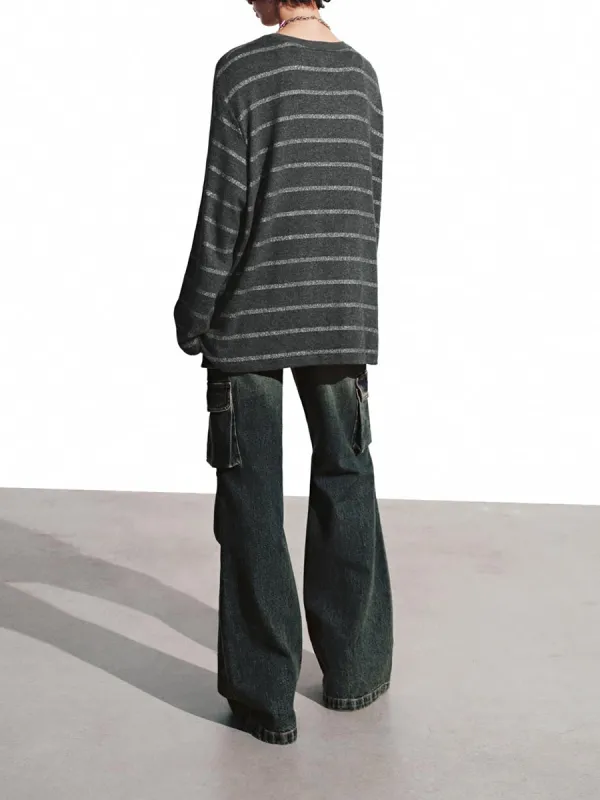 A Loose Round-Neck Casual T-Shirt With Rabbit Print Stripes For Ladies