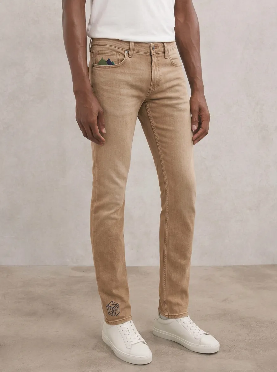 Men's Classic Comfort Geometric Hem Printed Stretch Denim Jeans
