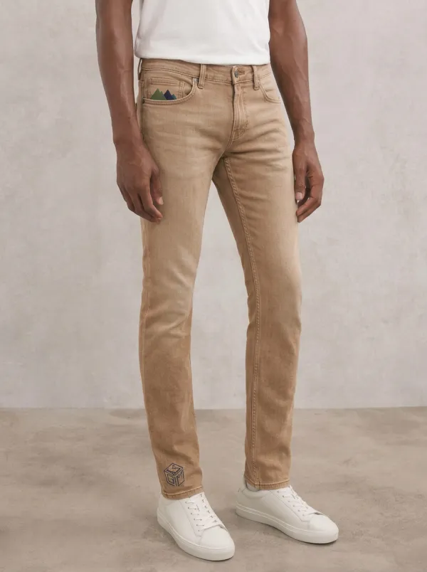 Men's Classic Comfort Geometric Hem Printed Stretch Denim Jeans
