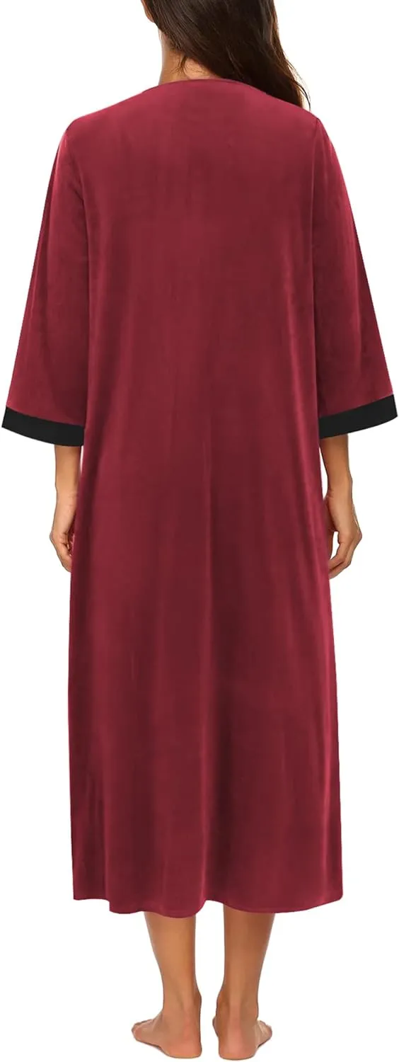 50% OFF Women Zipper Robe 3/4 Sleeves Loungewear Dress Full Length Sleepwear Pockets Housecoat Nightgown Long Bathrobe
