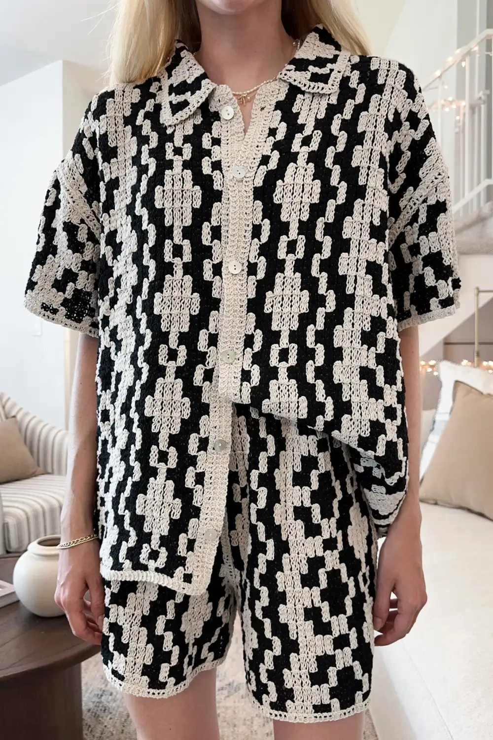 Cotton Crochet Button Front Button Down Shirt
