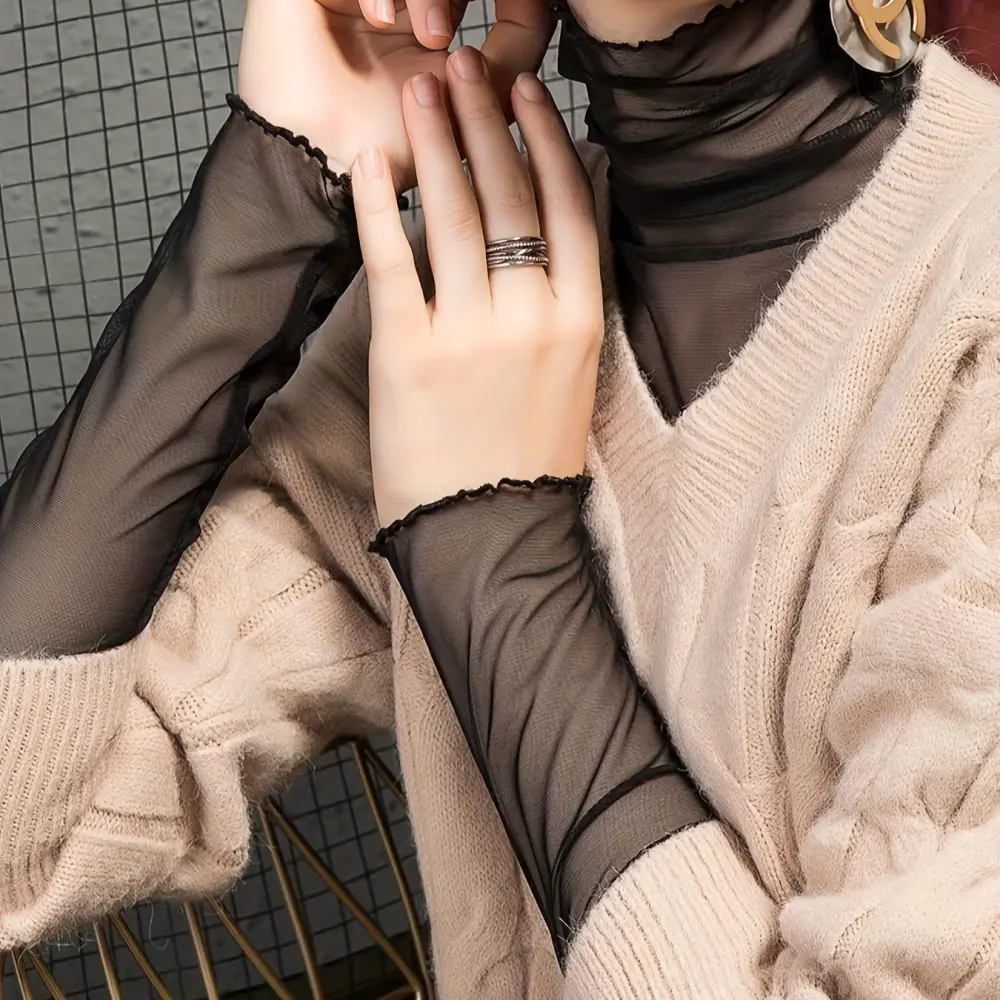 Lady'S High-Neck Semi-Transparent Lace Base Blouse
