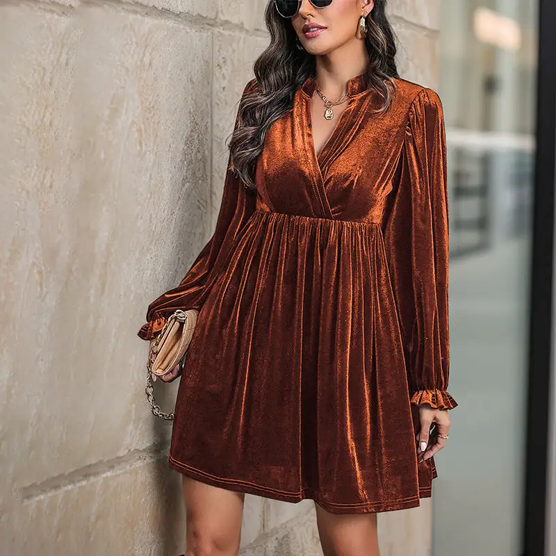 Women's V-Neck Long-Sleeve Velvet Ruffled Dress