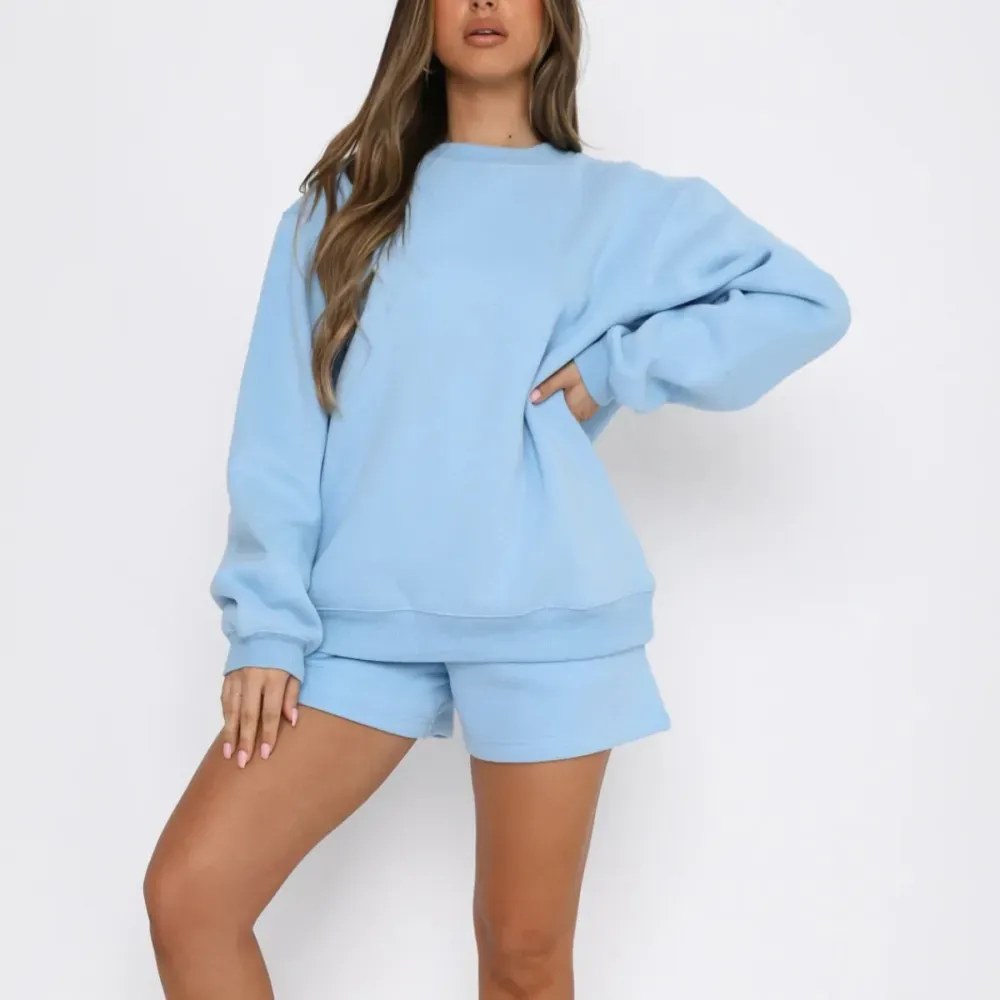 Women's Fashion Round Neck Solid Color Sweatshirt and Short Pants two-piece set