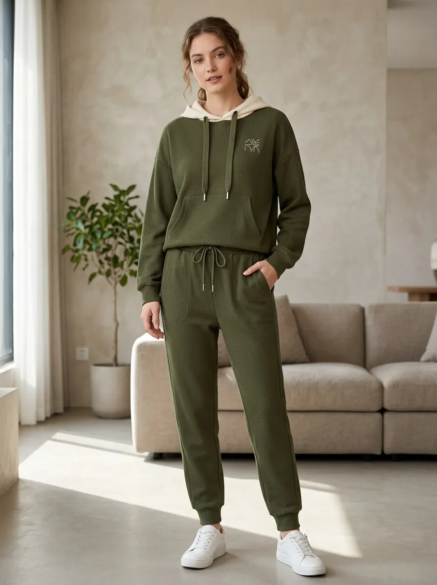 Women's Olive Waffle Knit Minimalist Graphic Printed Hoodie Jogger Set