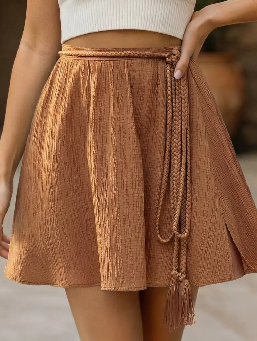 High Waist Tassel Tie A-Line Skirt