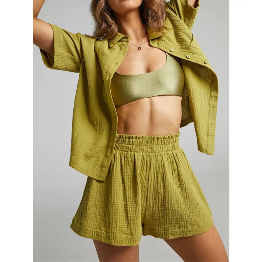 Relaxed Texture Button Up Shirt and Shorts Set