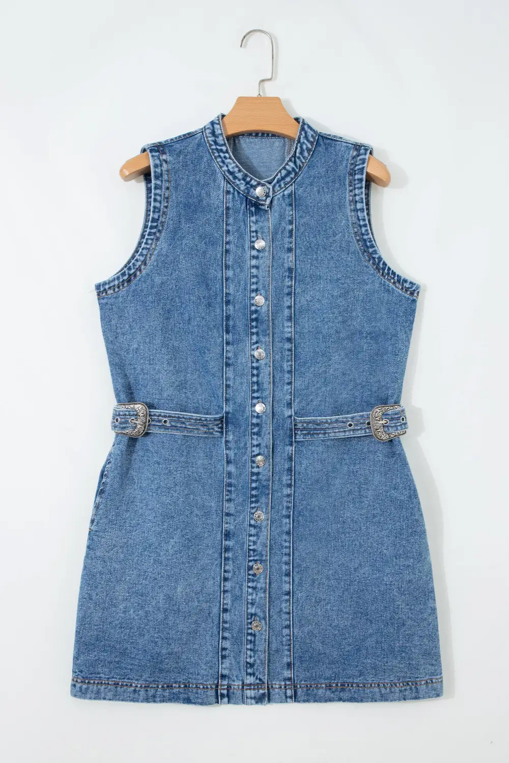 Polished Detail Denim Button Front Sleeveless Dress