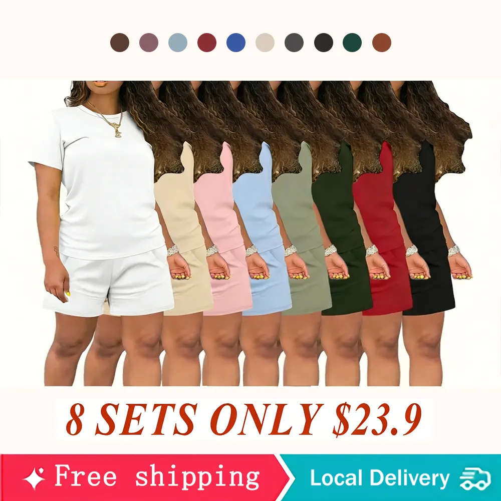 Women's Summer Casual Set, Regular Fit Short Sleeve Top & Shorts, Plain Color Women's