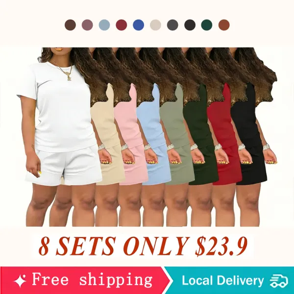 Women's Summer Casual Set, Regular Fit Short Sleeve Top & Shorts, Plain Color Women's