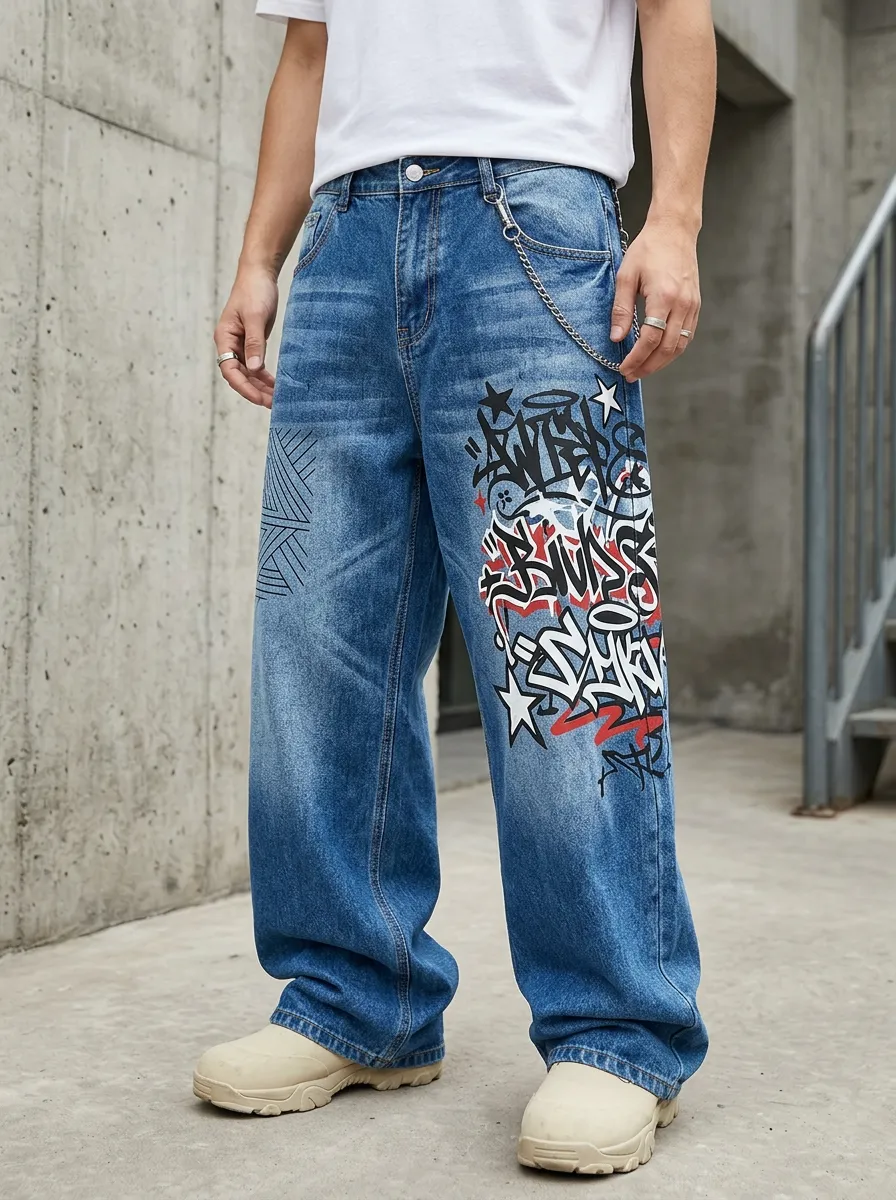 Men's Urban Streetwear Graffiti Star Jeans
