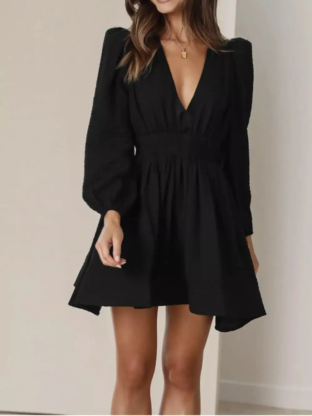 V Neck Long Sleeve Mini Dress