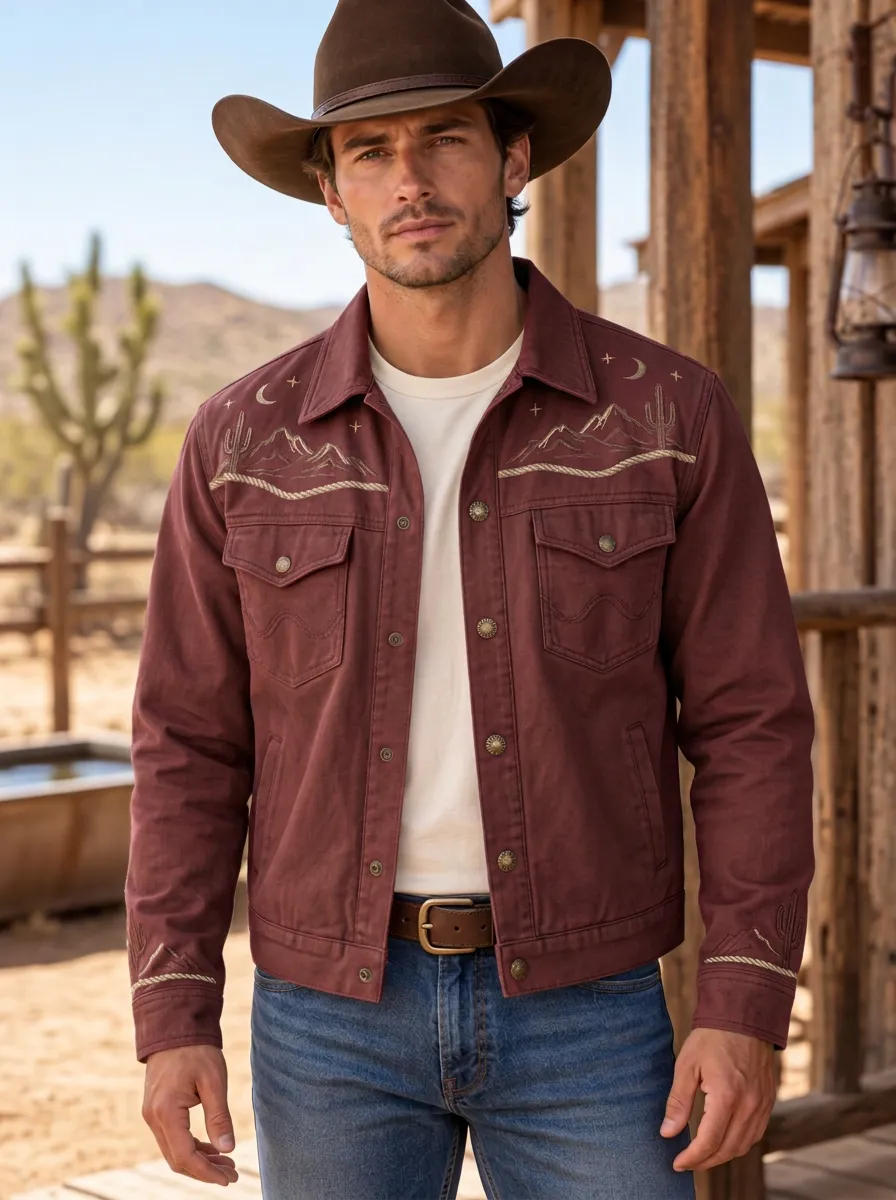 Men's Western Cactus Desert Mountain Embroidered Jacket