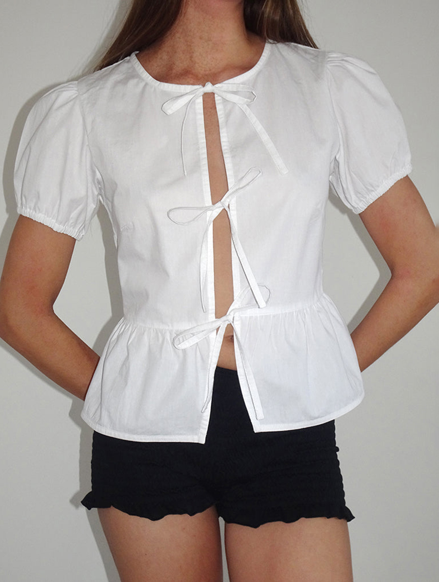 Tie Front Blouse In White With White Binding