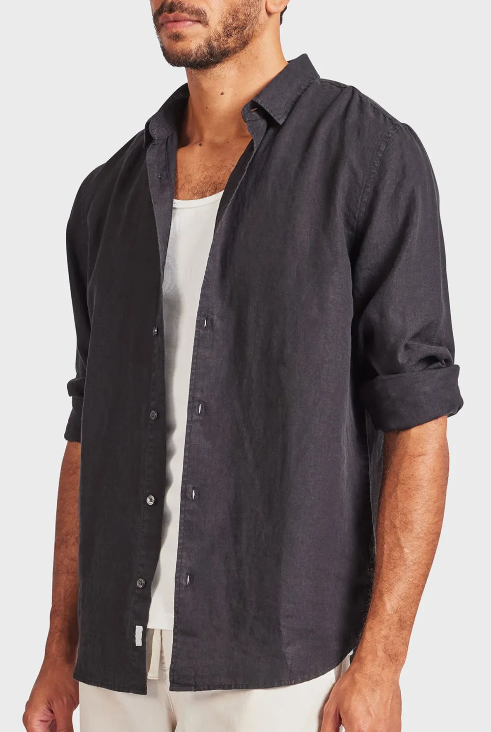Black Linen Button Down Long Sleeve Shirt
