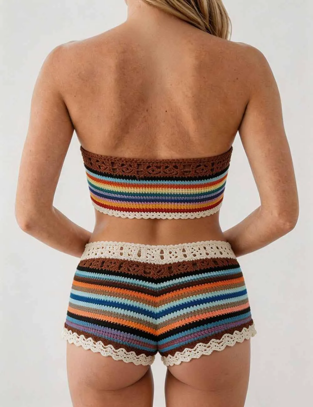 Rainbow Crochet Bandeau Bikini Set with Cover Up Shorts