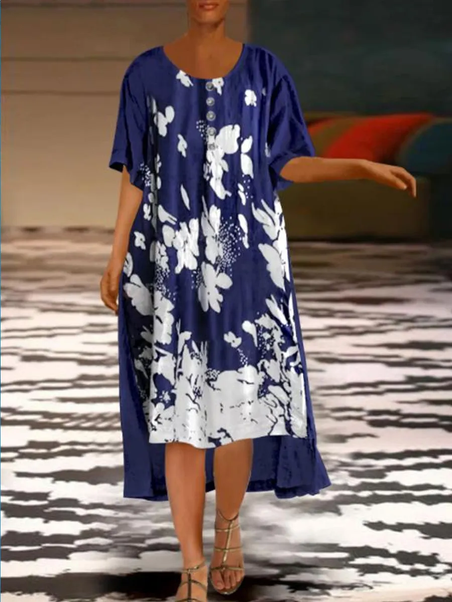 Fashion Print Short Sleeve Irregular Long Dress