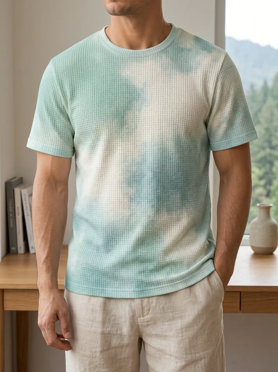 Men's Casual Summer Tie-dye Waffle Knit Everyday Crew Neck T-Shirt