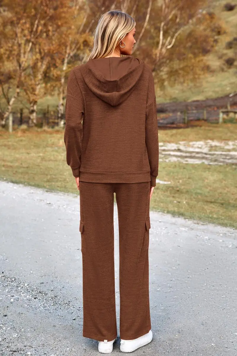 Women's 2-Piece Knitted Sets Hoodie & Wide Leg Pants with Pockets Drawstring