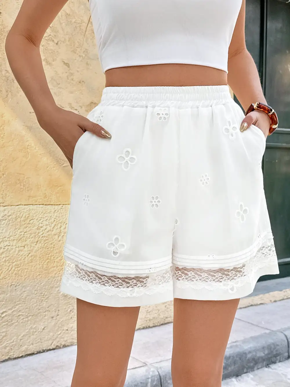 Embroidered Lace Hem Casual Shorts