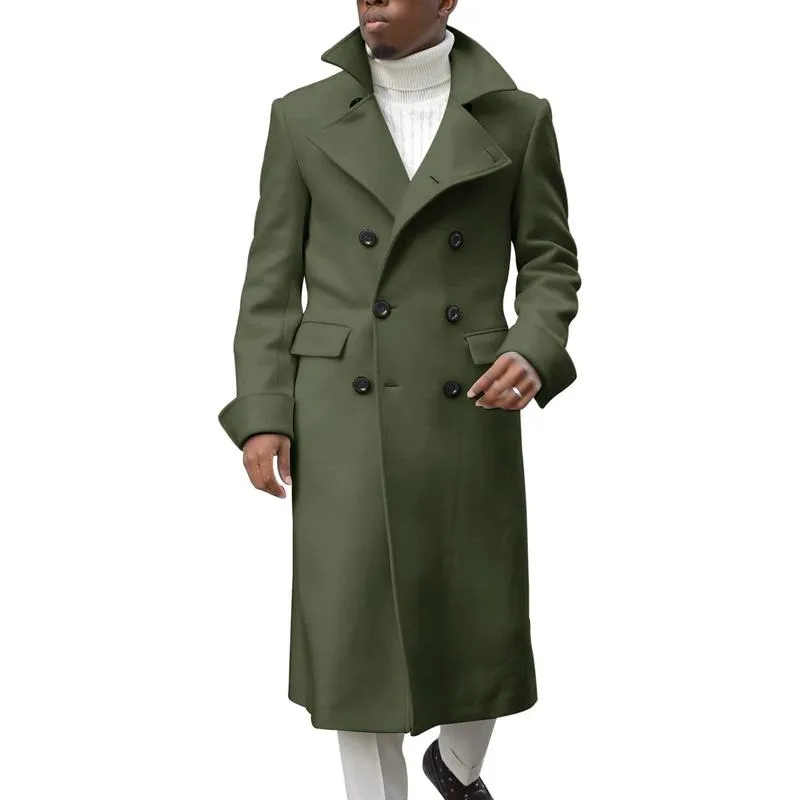 Men's Notch Lapel Double Breasted Long Trench Coat Casual Cotton Blend Peacoat