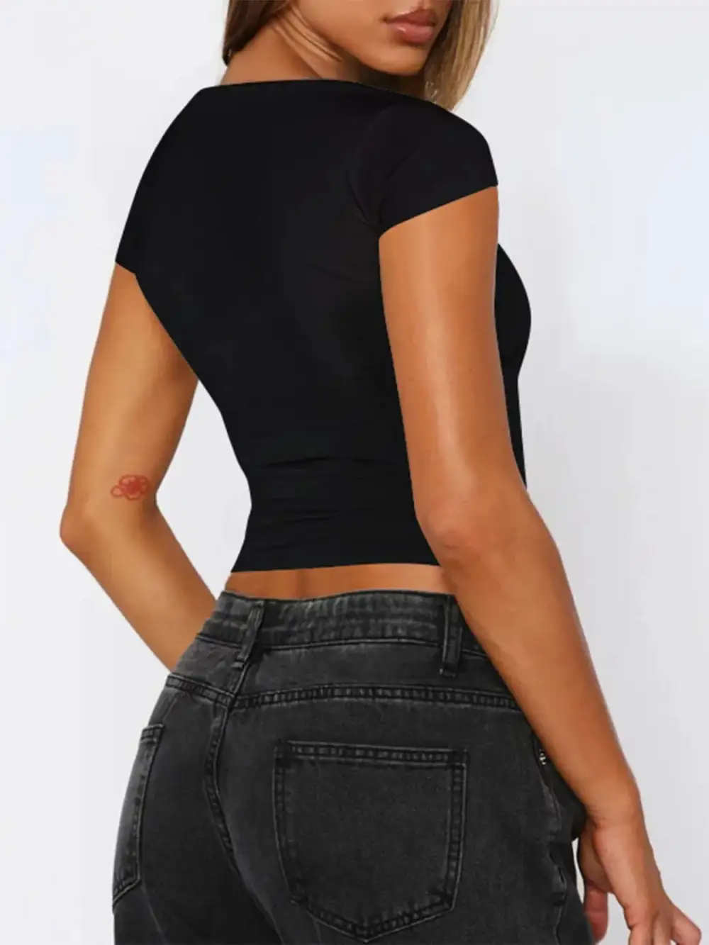 Relaxed V-Neck Short-Sleeve Lace-Detail T-Shirt