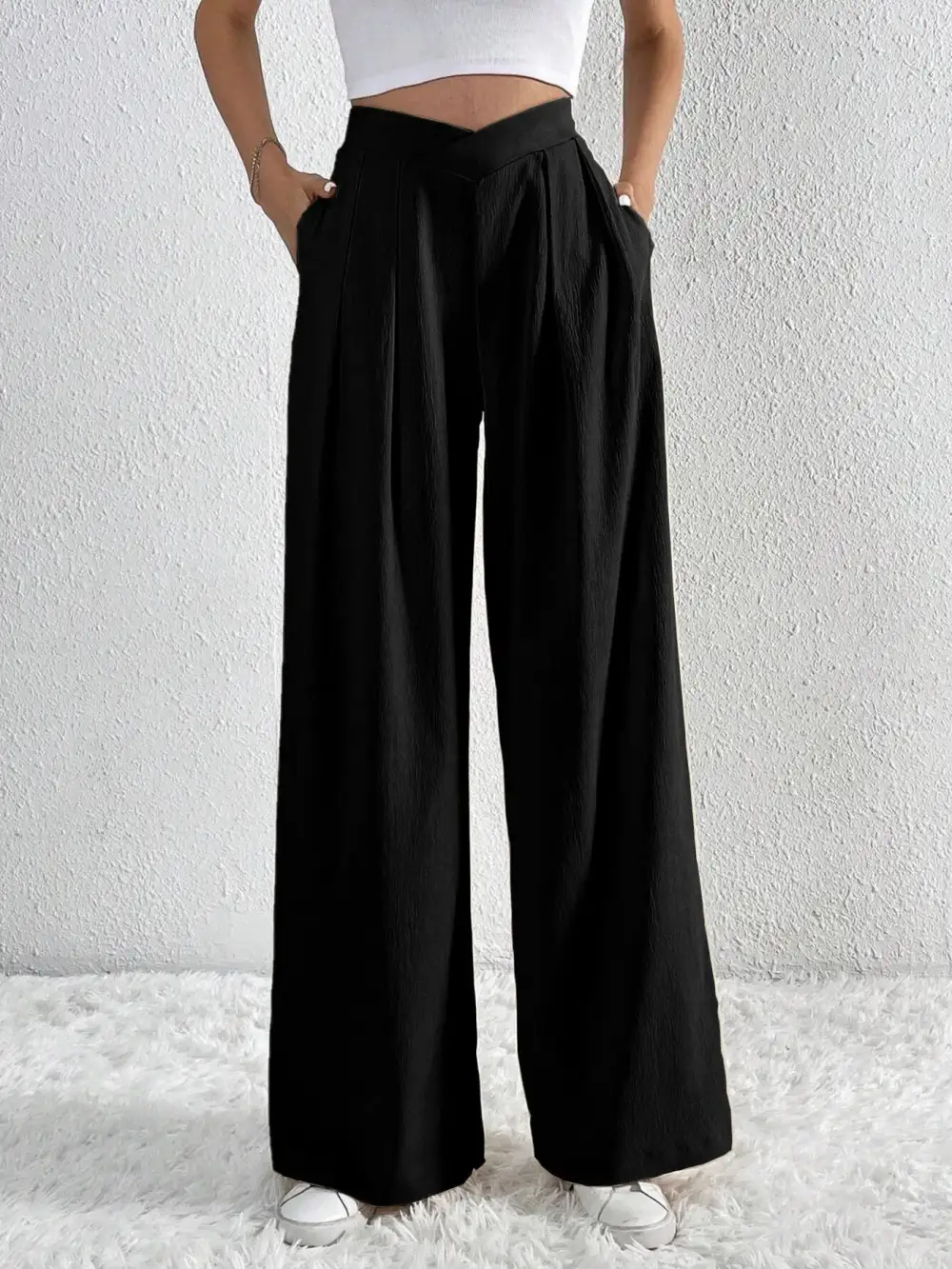 V Waisted Ruched Front Wide Leg Pants