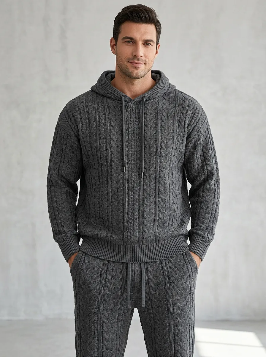 Refined Textured Men's Knit Hoodie Jogger Set