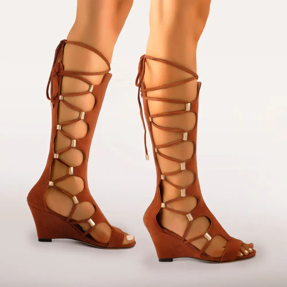 Lace Up Gladiator Cutout Wedge Boot Sandals