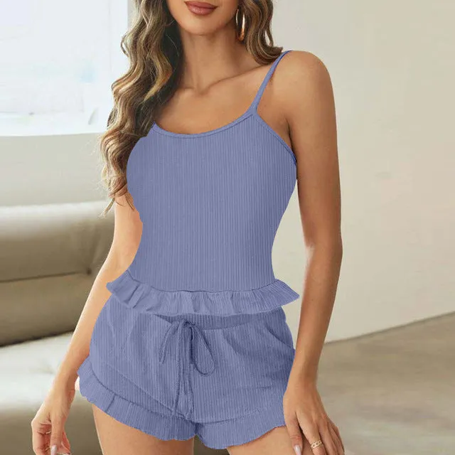 Two Piece Lace Frill Hem Pajama Set