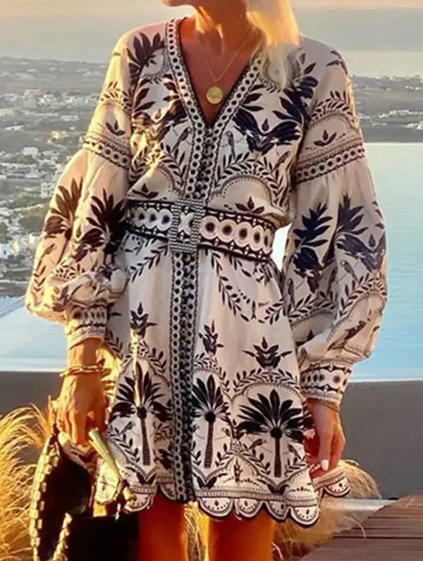 Textured Detail Printed Mini Dress
