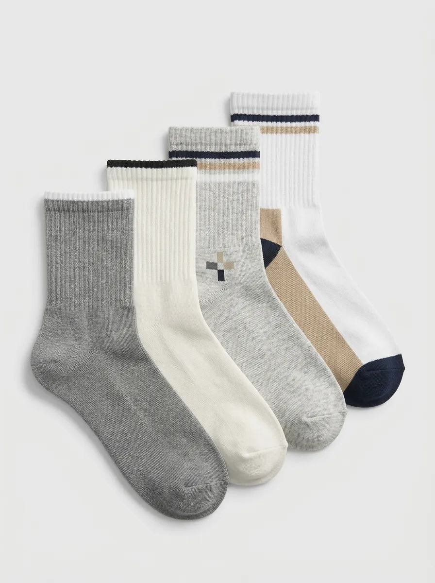 Cross Motif Striped Geometric Ribbed Texture Men's Crew Socks Four-Pair Pack