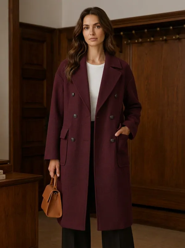 Women's Classic Navy Double-Breasted Wool Blend Overcoat