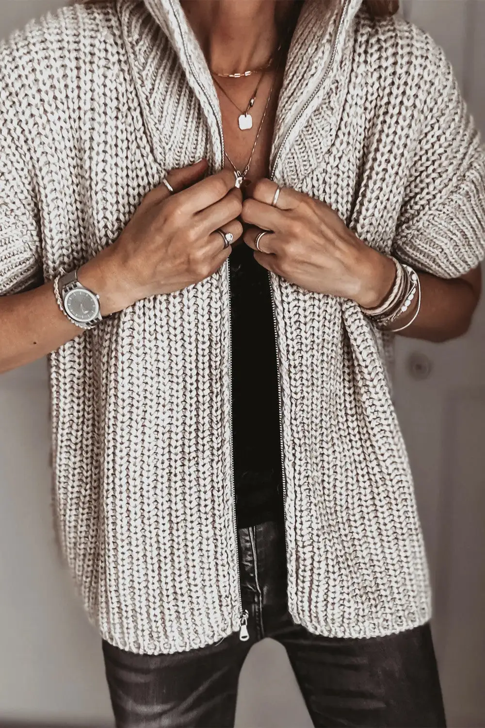 Sleeve Knit Casual High Neck Cardigan