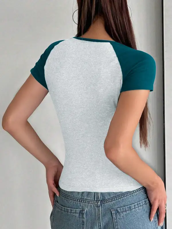 U-Neck Collared Short-Sleeve Contrast T-Shirt