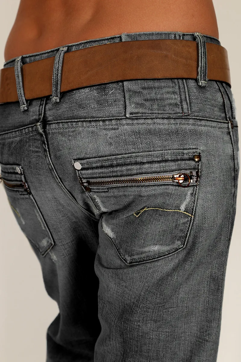 Ripped Zip Detail Slant Pocket Jeans Without Belt